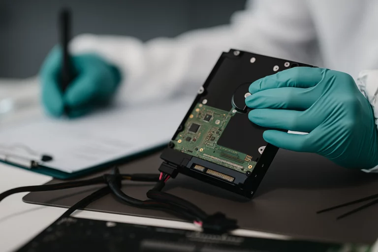 Mains gantées tenant un disque dur ouvert au-dessus d'un plan de travail de laboratoire.