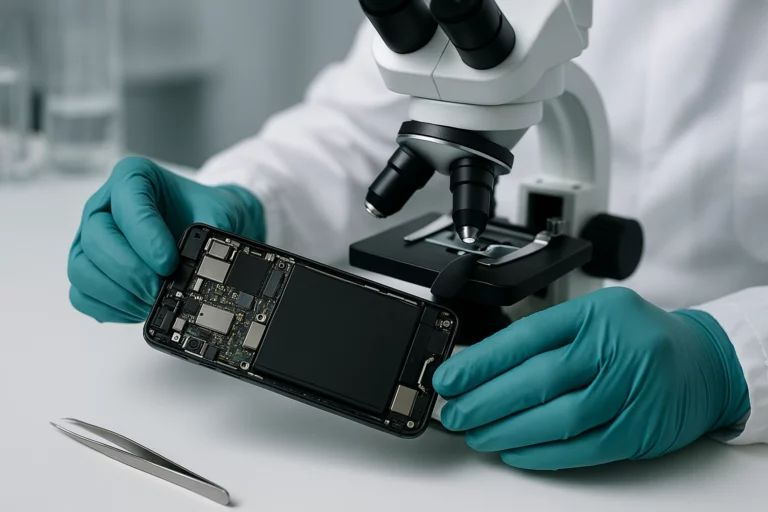 Mains gantées présentant un smartphone démonté devant un microscope de laboratoire.