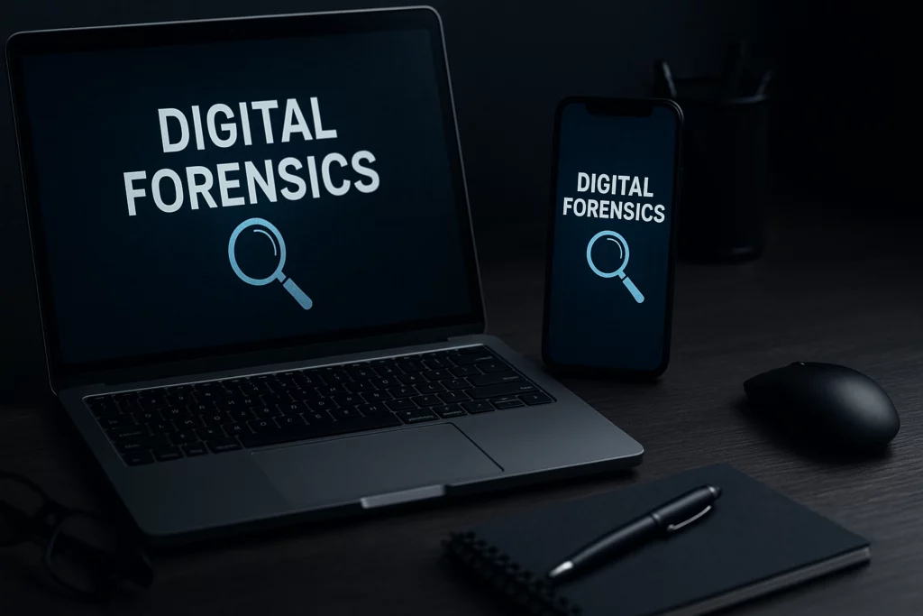 Ordinateur portable et smartphone affichant « Digital Forensics » sur un bureau sombre, à côté d'un carnet et de lunettes.